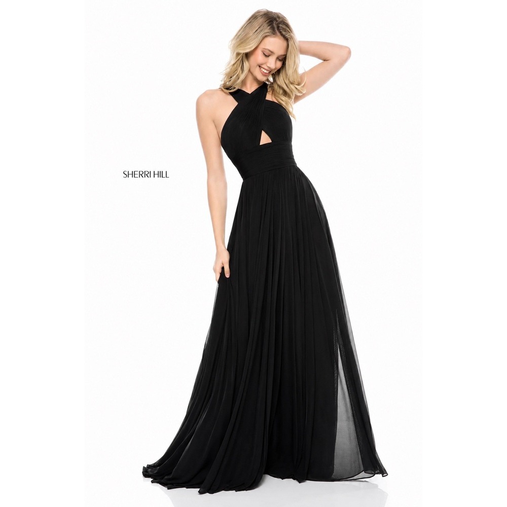Sherri Hill 51903 Black Chiffon Cross Front Keyhole Gown Size 2 NWT‎ $350